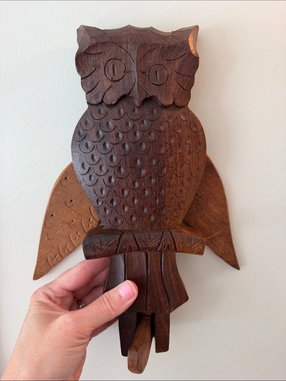 Vintage Carved Wood Owl Hook Moving Wings Folk Art Vintage Primitive Wall Decor.
